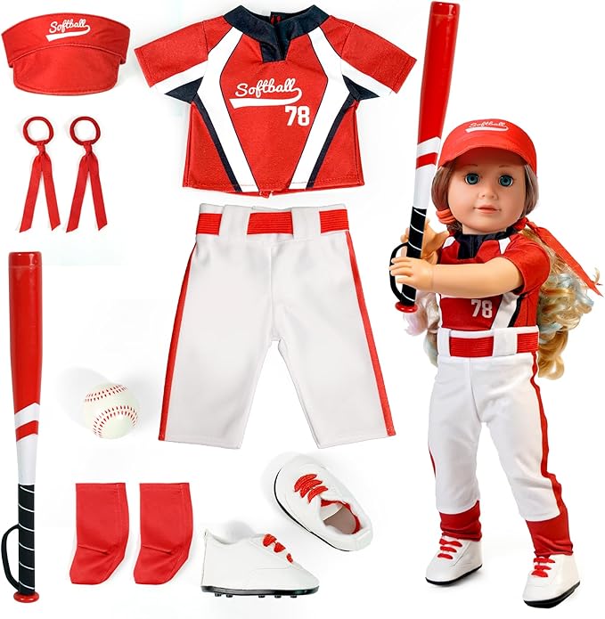 ARTST Softball Uniform Doll Outfit-18 inch Doll Clothes and Accessories Set-Hat Baseball Clothing Bat Shoes Socks, Valentine's Gifts for Girls&Boys Spring T-Ball