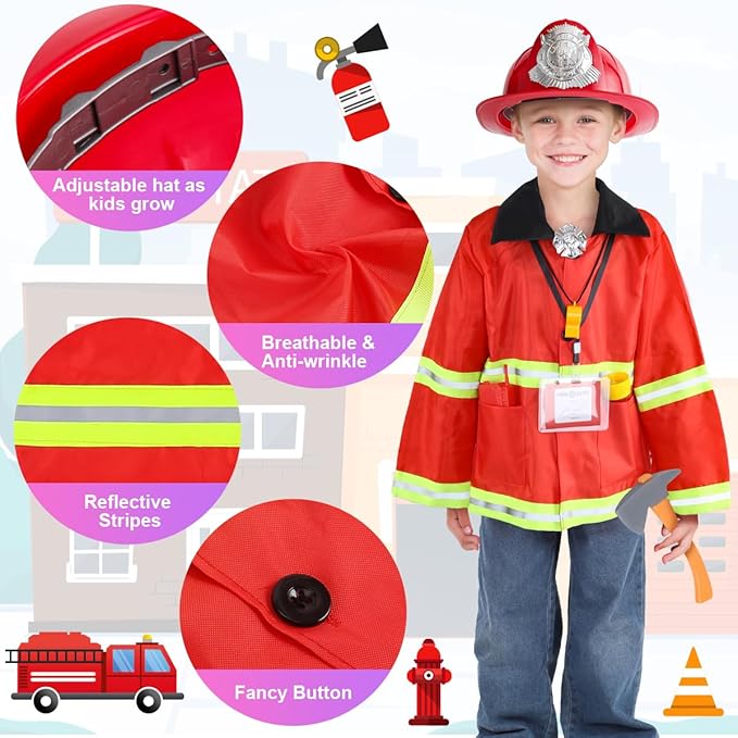 Fireman Costume for Kids, 10 Pcs Firefighter Costume with Toy Accessories Set, Fireman Role Play Outfit Toys, Kids Firefighter Dress Up Clothes, Halloween for Boys Toddlers Ages 3 4 5 6 7