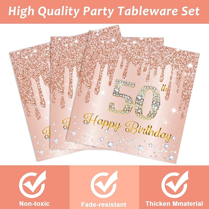 96 Pieces 50th Birthday Tableware Set for Pink Rose Gold 50th Birthday Table Decorations Supplies Pink Rose Gold Happy 50 Years Old Dessert Paper Plates Napkins Forks for 24 Guests Women Supplies