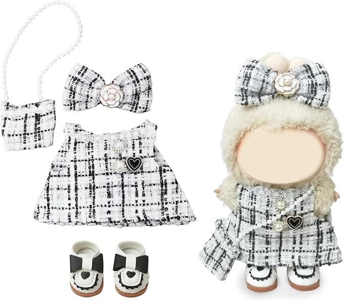 Clothes Compatible with LABUBU Doll – 4PCS Elegant Tweed Set, 17cm Doll Clothes Designer Outfit for Classic Monochrome Theme, Chic Stylish Accessories for Labubu, No Doll (Coco White Check)