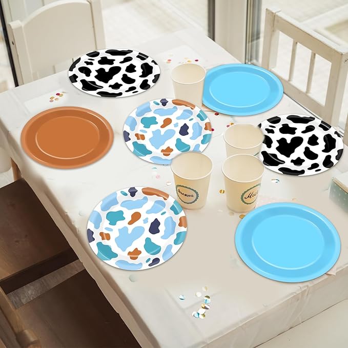 CHUNNIN 48Pcs Western Cowboy Party Paper Plates 7” Toy Blue Brown Cartoon Story Party Supplies Cow Print Disposable Dinner Plate for Western Theme Farm Birthday Baby Shower Farmhouse Party Decorations
