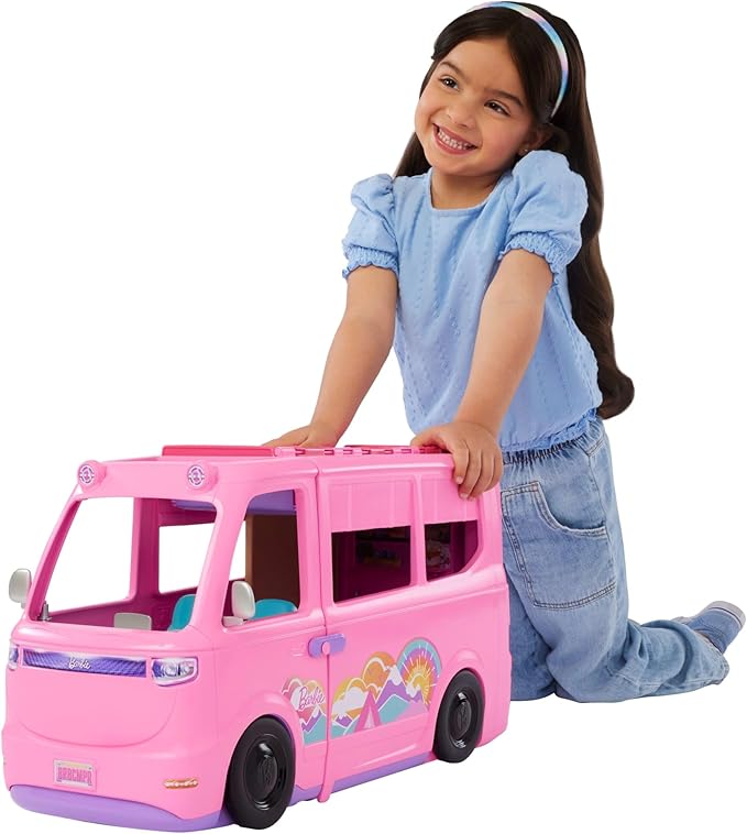Barbie Dream Camper Playset with Roof Tent, Swing Chair, Fishing Pond, BBQ Grill with Color-Change Feature & 60+ Accessories Including Dough