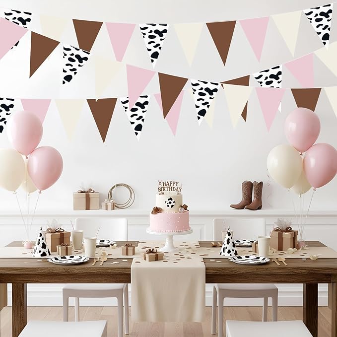 Pasimy 5 Pcs Cowgirl Party Decorations Western Cowgirl Triangle Flag Banner Pennant Pink Brown Cow Print Hanging Flag Banner for Girl First Birthday Farm Baby Shower Party Decorations