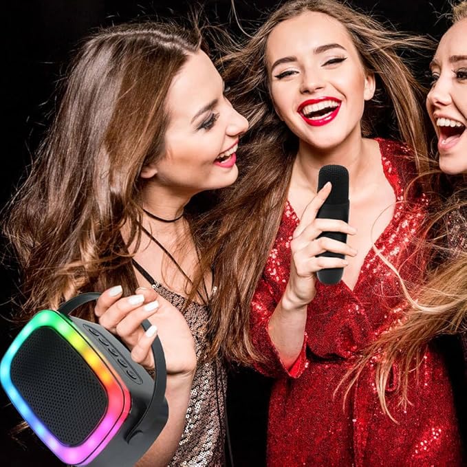 IQ Sound IQ-908K Mini Karaoke Bluetooth Speaker with Wireless Microphone, RGB Lights Surround, Fun Voice Changing in Rechargeable Compact, and Portable Design Ideal Gifts for Kids and Adults (Black)