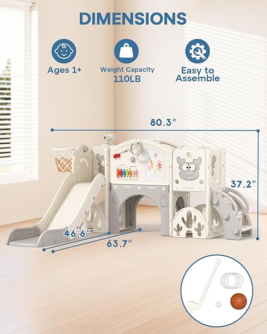 BIERUM Toddler Slide Set with Basketball Hoop, Golf Game & Drawing Board, 13-in-1 Indoor Outdoor Toddler Slides Playground for Kids Ages 1+, Kids Climber Playset for Backyard (Cream&Gray)