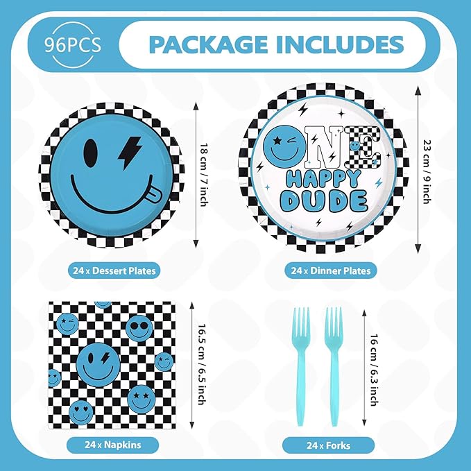 96Pcs One Happy Dude 1st Birthday Party Decoration Blue Smile Face Plates and Napkins Black White Plaid Disposable Paper Tableware Set for 1st Birthday Baby Shower Party Supplies Serves 24