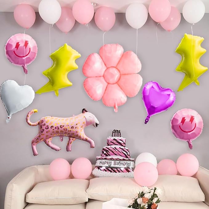 8PCS 18 Inch Smile Party Helium Balloons Pink Leopard Heart Smile Face Preepy Theme Birthday Party Decorations Yellow Lightning Balloons for Wedding Decor Event Supplies