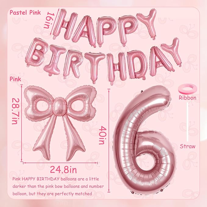 Bow Number 6 Birthday Balloons, 40" Pink Aluminum Foil Balloons Happy Birthday Balloon for Girl 6th Birthday Party, Princess, Coquette Party Decorations Supplies