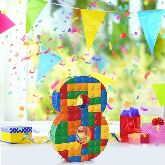 Number 8 Building Blocks Piñata 16.5 Inch Party Supplies 8th Birthday Party Decorations Piñata with Confetti Blocks Theme Fiesta Anniversary Celebration