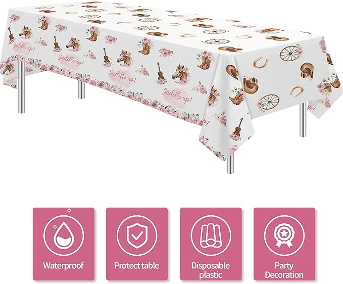 Cowgirl Party Decorations Tablecloth - Horse Saddle Up Western Party Supplies Tablecover, Disposable Wild West Cowgirl Birthday Baby Shower Decorations Table Cloth - 3 Pack (54in x 108in)