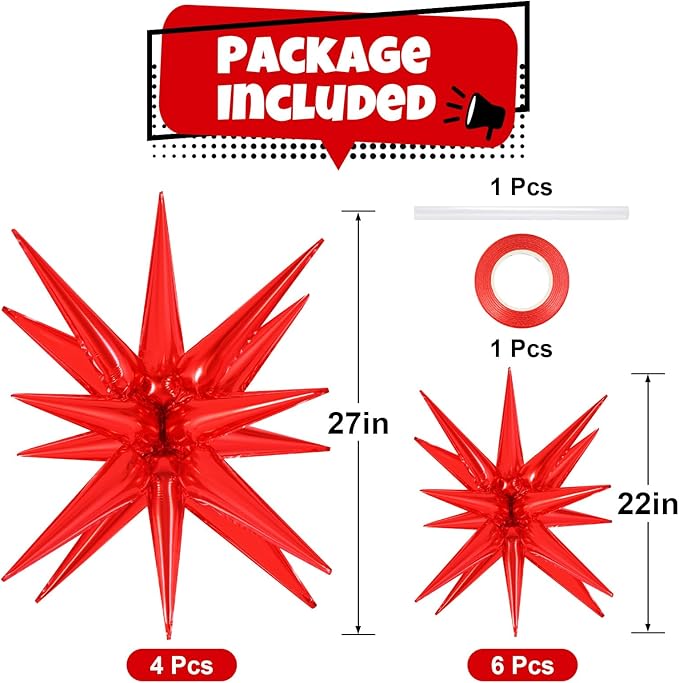 10 Pcs Red Star Balloons Explosion Starburst Balloons Foil Cone Balloon Magic for Birthday Wedding Anniversary Party Backdrops Decorations Supplies, 6 Pcs 22Inches and 4 Pcs 27Inches