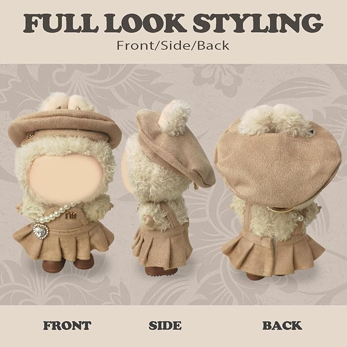 Clothes Compatible with LABUBU – Blue & White Tweed Dress with Bow, Bracelet & Shoes | 4PCS Couture-Inspired Outfit for 8-Inch Dolls (Mocha Beige Chic)