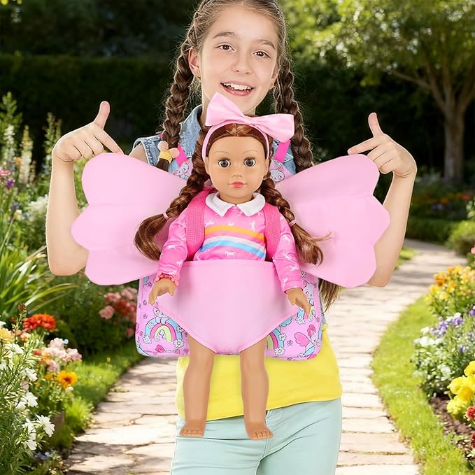 Ecore Fun 18 Inch Doll Backpack Carrier Set, 6PCS Doll Clothes & Fashion Accessories with Pink Backpack Carrier Bag, Headband, Bracelet, Outfit & Stickers
