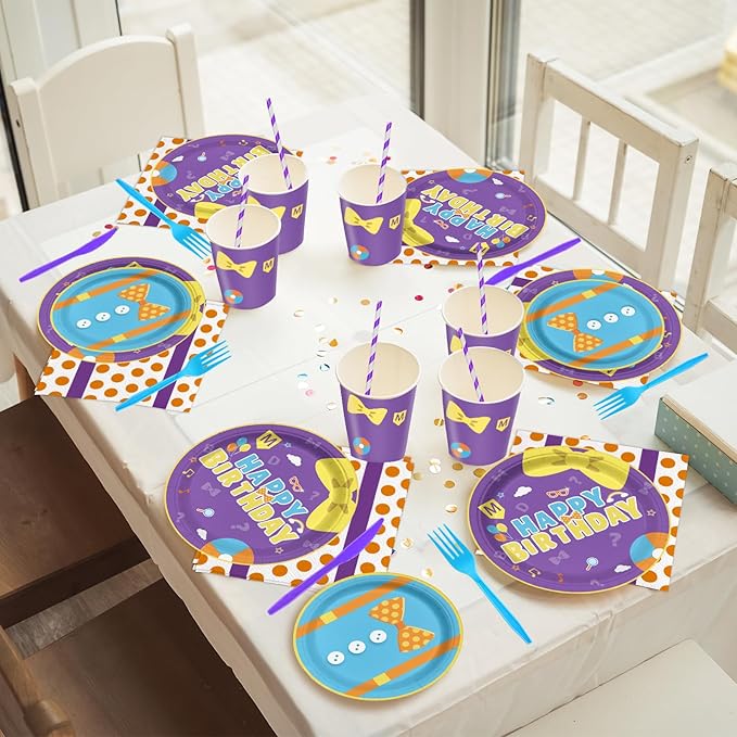 168PCS English Teacher Party Supplies for Boys Girls Purple Cartoon Teacher Themed First Birthday Party Decorations with Paper Plates Cups Tableware Set for 24 Guests
