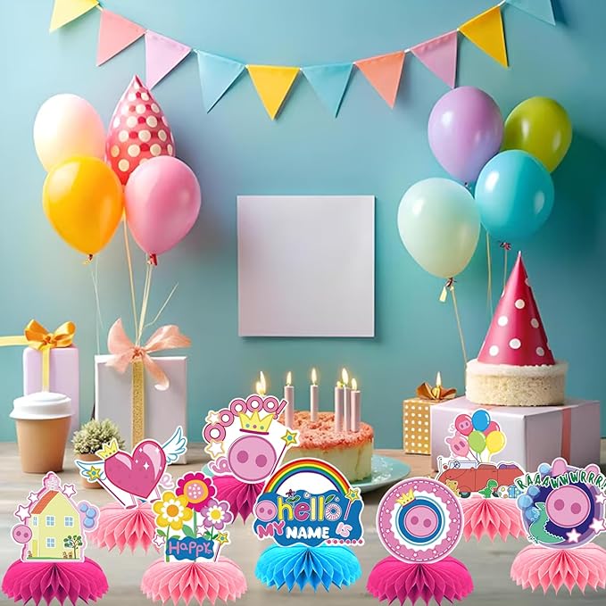8Pcs Pink Pig Party supplies set Honeycomb Centerpieces Double Sided Table Topper for Birthday Decorations