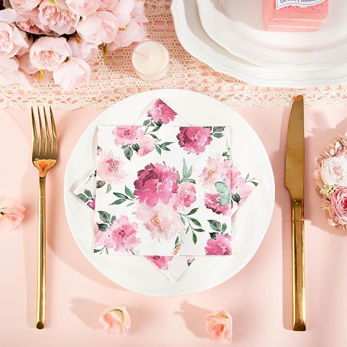 100 Pcs Pink Floral Napkins, Disposable Watercolor Flower Napkin Spring Cocktail Napkins Decorative Blossom Dinner Napkin for Tea Party, Garden Party,Baby Shower,Bridal Shower