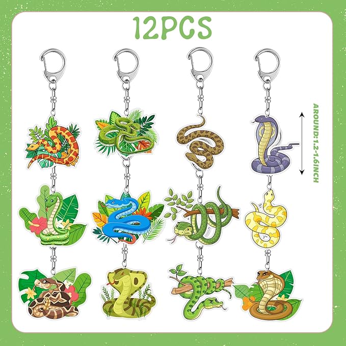 12 PCS Snake Party Favors Snake Acrylic Keychains for Reptile Snake Birthday Party Decorations Supplies Gifts for Kids Classroom Prizes
