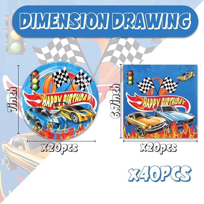 40Pcs Hot Cars Plates and Napkins Hot Cars Party Favors Hot Cars Birthday Party Decorations for Boys Race Car Birthday Party Decorations Serve 20 Guests