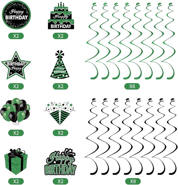 Green Birthday Hanging Swirls Decorations for Women Men, 16Pcs Black and Green Happy Birthday Foil Swirls Party Supplies, 10th 16th 18th 21st 30th 40th 50th 60th Bday Theme Swirls Ceiling Decor