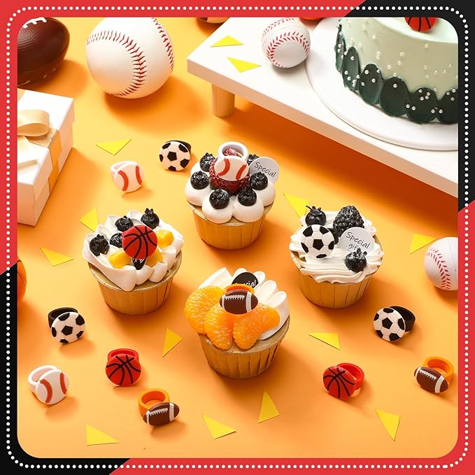 Honeydak 48 Pcs Sports Cupcake Toppers Senior Night Basketball Decoration Football Softball Soccer Cupcake Rings Toppers Picks Decoration 2026 for Sport Football Party Birthday Party Cake Supplies