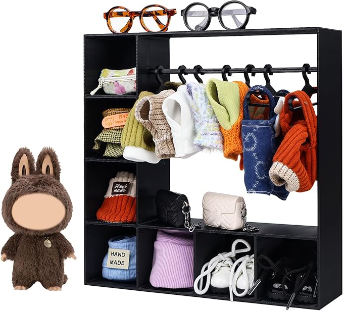 Doll Clothes Closet/Wardrobe Large Plus 10 Hangers, Doll Accessories Display Box, Clothes Storage for Figures, Portable Storage for Fashion Doll Clothes, Gift (Black)