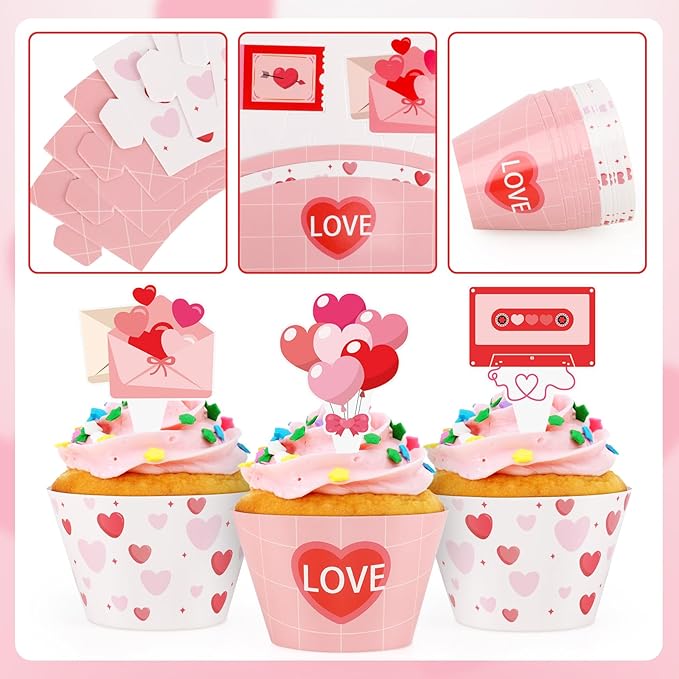 48 Pcs Valentines Cupcake Toppers and Heart Wrappers Love Cupcake Decorations for Valentine's Day Theme Wedding Birthday Party Supplies