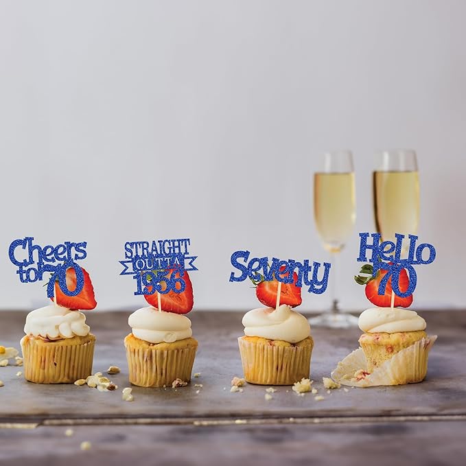 Ephlyn 24Pcs Happy 70th Birthday Cupcake Toppers Glitter Straight Outta 1956 Cupcake Picks Hello 70 Cheers to 70 Years Birthday Cake Decorations for 70th Birthday Anniversary Party Supplies Blue