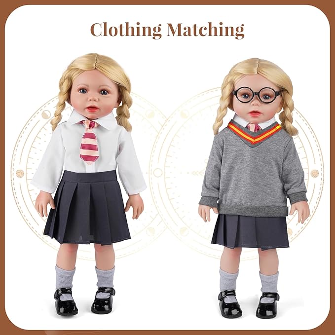 BABESIDE 9PCS Reborn Baby Doll Clothes for 18 Inch Dolls, Doll Outfit Accessories with Robe, Glasses, Tie, Skirt & Shoes fit Baby Dolls, Pretend Play for Girls