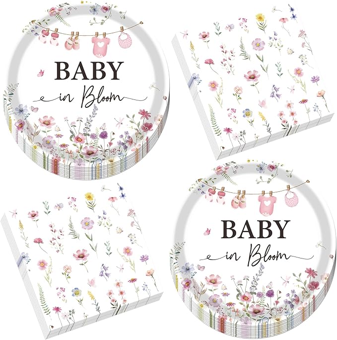 Rakuto Baby Shower Plates Napkins - 50 Pcs Baby in Bloom Baby Shower Decorations, Disposable Spring Floral Wildflower Party Tableware Set Supplies for Gender Reveal Serves 25