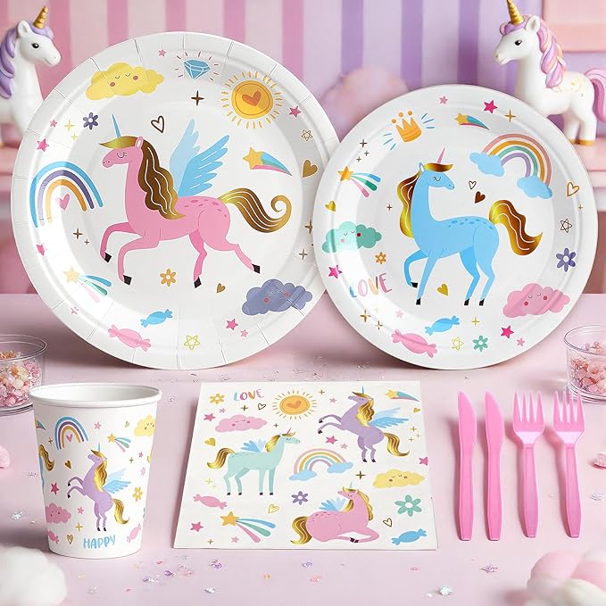 144Pcs Unicorn Birthday Party Supplies Decorations Kids Girl Themed Paper Plates Napkins Vintage Party Tableware Disposable Dinnerware for Girl Kid Birthday Baby Shower Table Decor, Serve 24