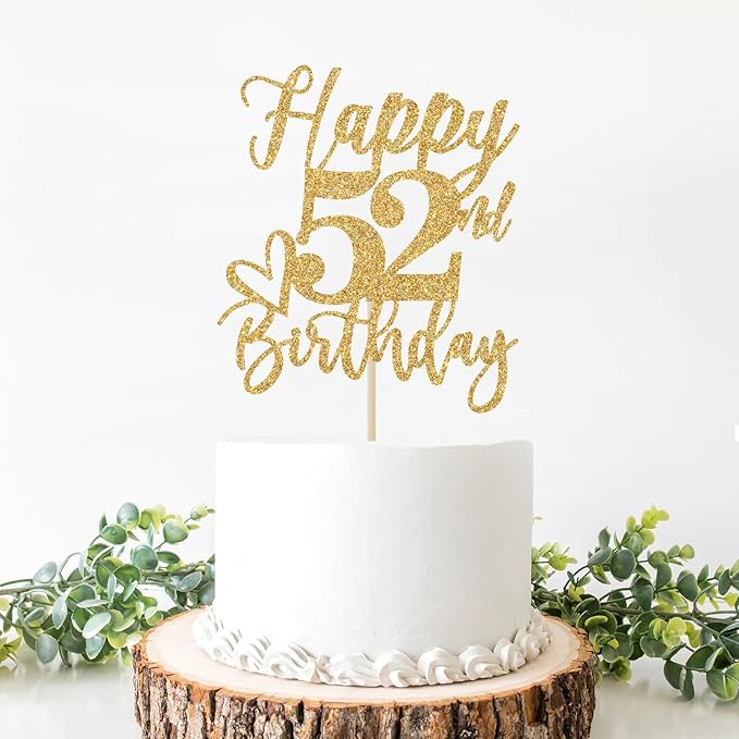 Happy 52nd Birthday Cake Topper, 52 Birthday Decorations for Women/Men, Cheers to 52 Years, Hello 52, 52nd Happy Birthday Party Supplies Gold Glitter