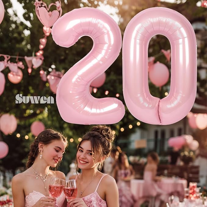 SUWEN 40 Inch Pink Large 20 Number Balloons Big Foil Helium Number Balloons 0-9 Jumbo Happy 20th Mylar Birthday Party Decorations for Women Anniversary Party Supplies