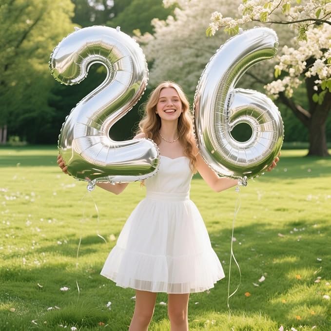 40 Inch Silver Number 26 Digital Balloon,Jumbo Mylar Foil Helium Balloon for 26 Balloons for Birthday Party,Wedding Anniversary Party Decorations