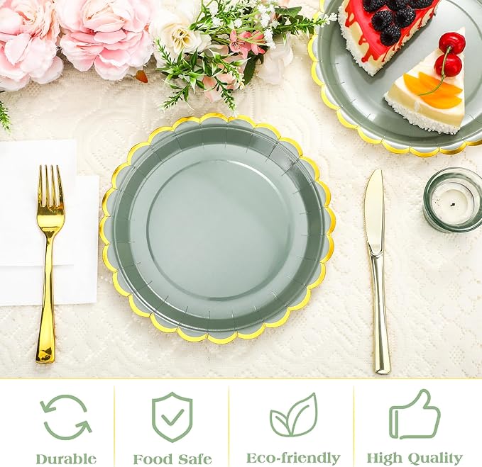 Maxcheck 50 Pcs Sage Green Scalloped Paper Plates with Gold Foil 9 Inches Disposable Party Plates Decorative for Cake Dessert Birthday Baby Shower Wedding Party Supplies