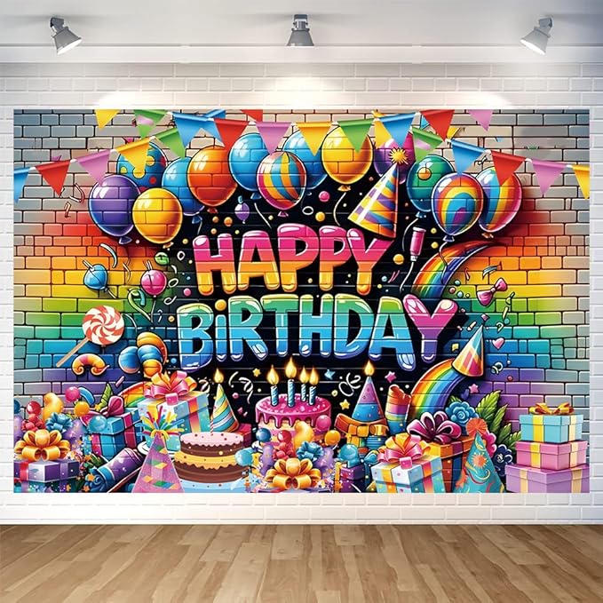 Graffiti Brick Wall Happy Birthday Backdrop Decorations Colorful Balloons Cake Gift Boxs Banner Photo Background for Home Indoor Outdoor Birthday Party Decorations Supplies for Kids 70.8 x 47.2 Inch