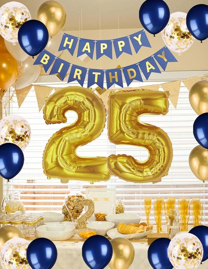 25th Birthday Party Decorations for Men Women, Navy Blue Happy Birthday Banner Gold 25th Foil Latex Metallic Confetti Balloons for Him Her 25 Years Old Birthday Party Supplies(25th)