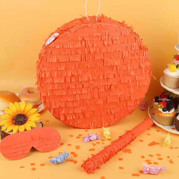 Orange Round Pinata with Stick Blindfold and Confetti DIY Blank Pinata for Adults Kids Birthday Party Supplies Carnivals Thanksgiving Decorations