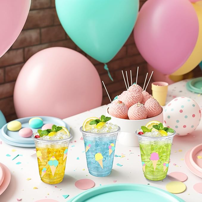 Uiifan 50 Pcs Ice Cream Party Supplies Sprinkle Ice Cream Cups Bulk Sweet One Birthday Party Decorations Disposable Clear Plastic Drinking Cups for Dessert Hot Cold Coffee Wedding Favor Baby Shower