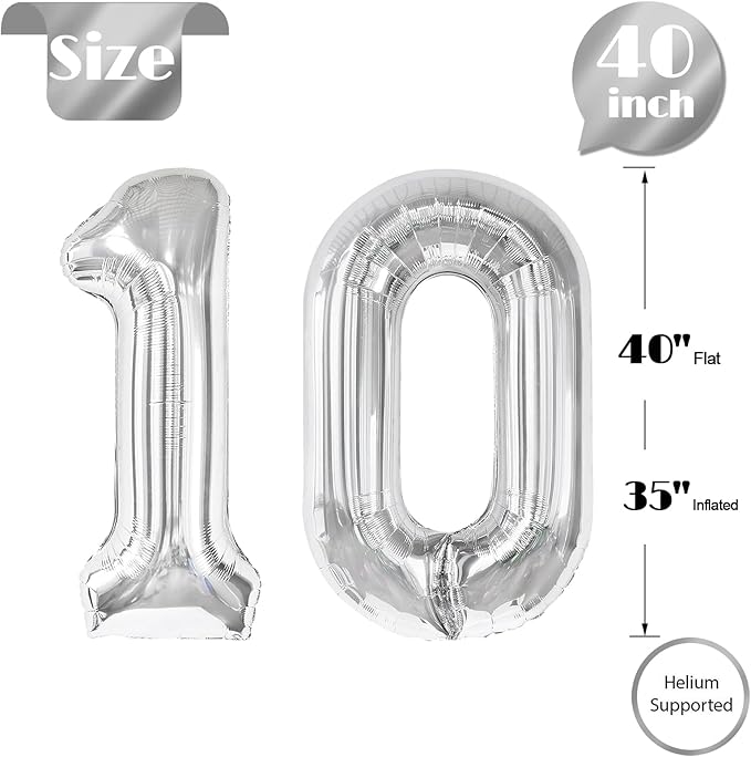 Silver Number 10 Balloon 40 Inch, 10th Birthday Party Decorations for Children, Giant 10 Foil Balloon for Party Supplies