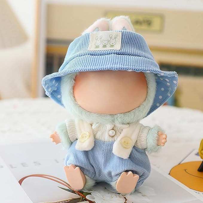 Clothes for Lu bubu 17cm Dolls Accessories(No Doll), Cute Outfit Set 3 Pieces Bib Pants Suitable for 17cm Doll Suit, Stylish Dress Up Overalls Doll Clothing Set Replacement with Hat Clothes Blue