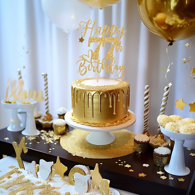 Happy 77th Birthday Cake Topper, 77th Birthday Decorations for Men/Women, Cheers to 77 Years, Hello 77, 77th Happy Birthday Party Supplies Gold Glitter