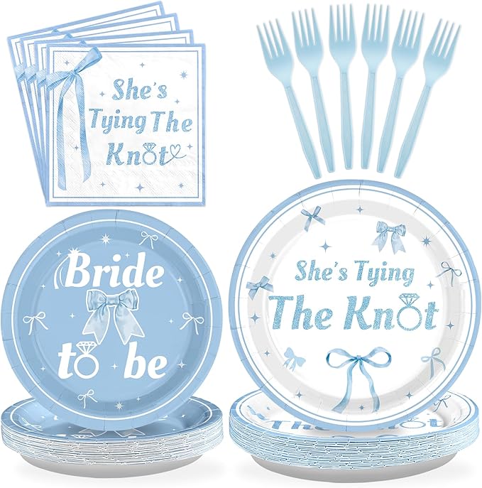Grencian 96 Pcs Blue Bow Bridal Shower Decorations Blue Bow Bride to Be Party Plates She Tying The Knot Paper Tableware for Bride Groom Bachelorette Party Wedding Engagement Decorations Serves 24