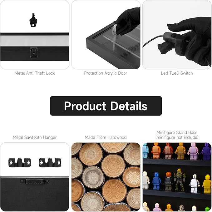 Large 126 Minifigures Miniature Display Case ,LED Building Block Toy Collectibles Display Box , Wall Mount Figure Display Cabinet with Acrylic Protected Clear Lockable Door