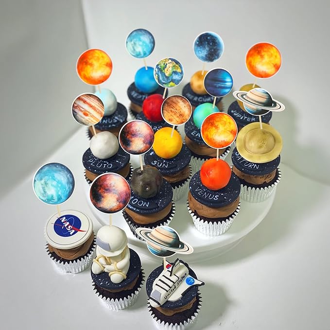 Ephlyn 36Pcs Outer Space Cupcake Toppers Planet Rocket Spaceship Trip to the Moon Star Cupcake Picks Solar System Galaxy Universe Planets Birthday Cupcake Decorations Party Supplies