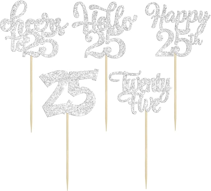 30Pcs 25th Birthday Cupcake Toppers Twenty Five Legal 25th Cupcake Picks Cheers to 25 Years Old Cake Decorations for 25th Anniversary Party Supplies Silver Glitter