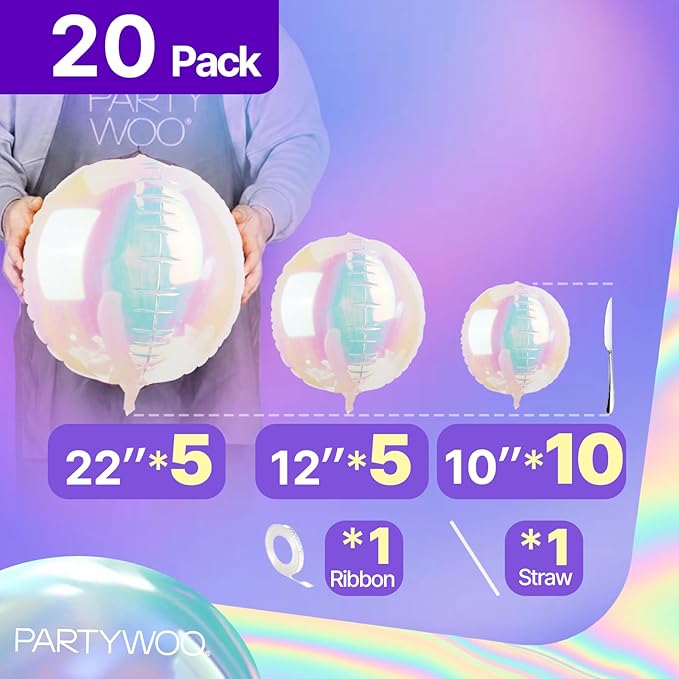 PartyWoo Iridescent Foil Balloons 20pcs Different Sizes Pack of 22 12 10 Inch Large Round Foil 4D Inflatable Mirror Ball Mylar Balloons for Wedding Anniversary Birthday Disco Party Decorations