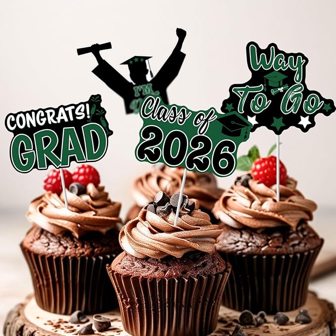 2026 Graduation Cupcake Toppers - 48 Pcs Green Graduation Party Supplies Mini Cake Food/Appetizer Picks For Class of 2026 Grad Decorations
