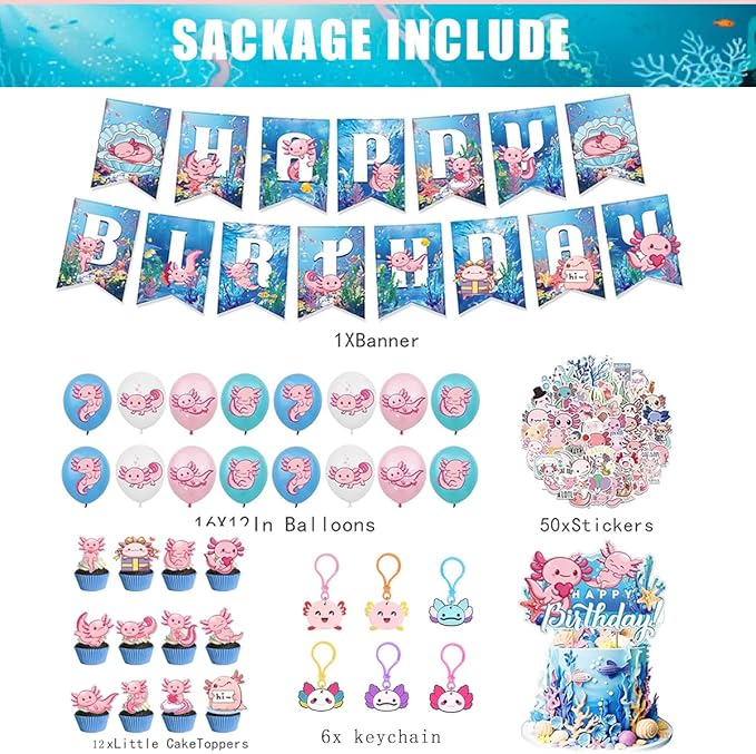 Axolotl Birthday Party Supplies Decorations Axolotl Balloons Cupcake Toppers Happy Birthday Banner Stickers Keychains Animal Party Decoration