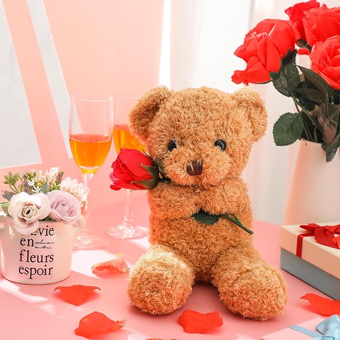 Civaner Bear Stuffed Animal Gift with Rose Funny Cute Bear Stuffed Animal Plush Gift for Mother Day Mom Birthday Wedding Christmas, 11.8 Inches(Beige)