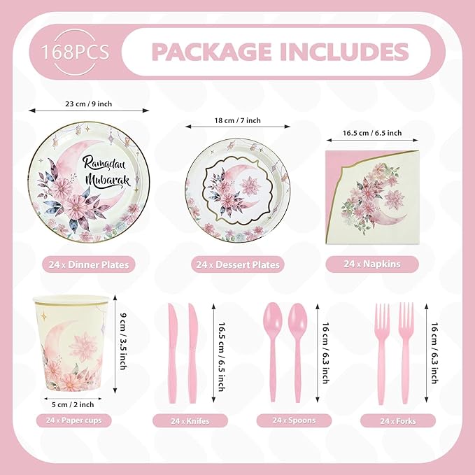 168Pcs Eid Ramadan Decorations Pink Watercolor Flower Lantern Moon Plates and Napkins Cups Forks Islamic Mubarak Decor Tableware Sets for Islamic Muslim Ramadan Mubarak Home Party Supplies Serves 24